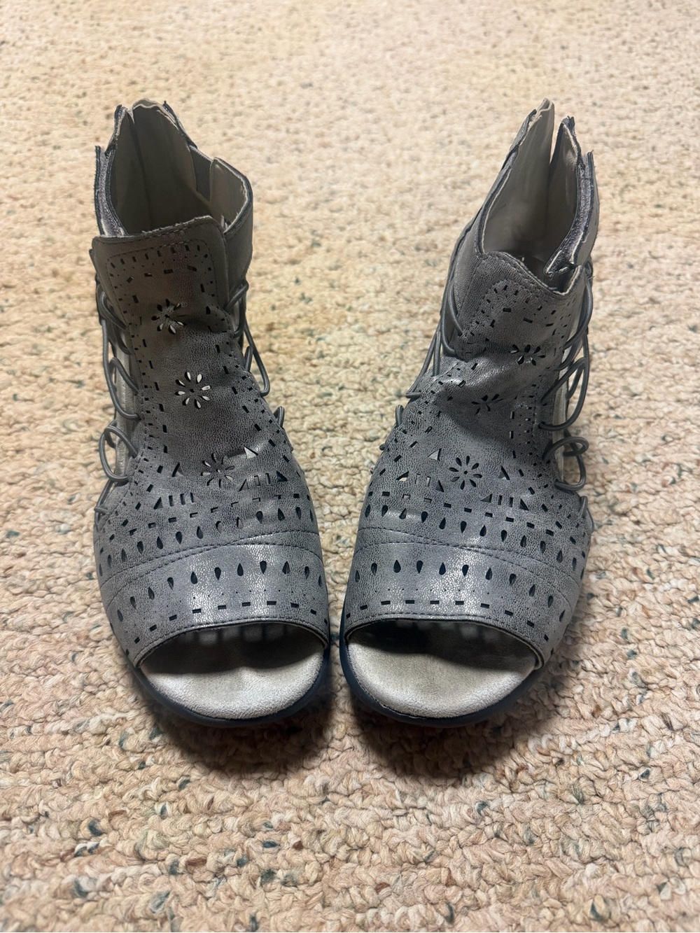 Women's Gray Laser-Cut Peep-Toe Booties
